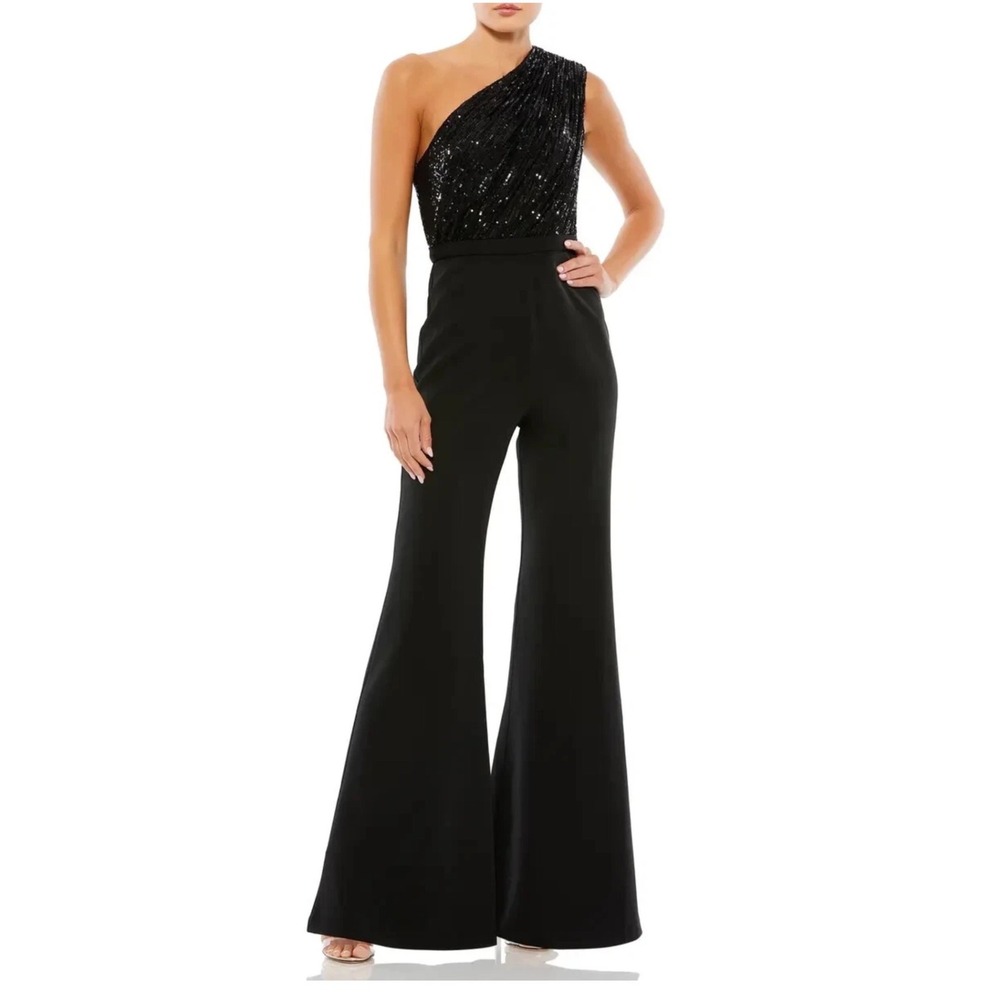 Ieena‎ for Mac Duggal Black Sequined One Shoulder Wide Leg Jumpsuit Size 8